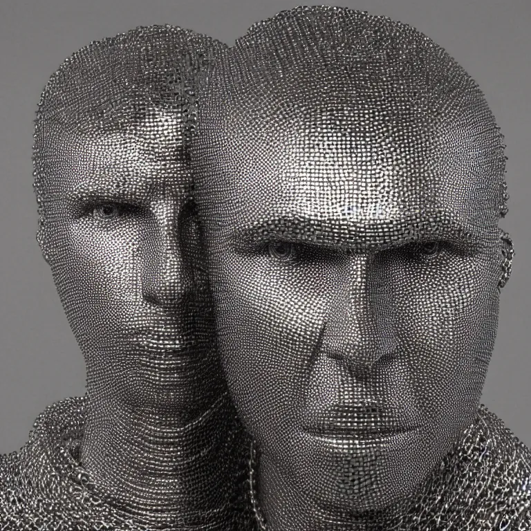 Image similar to studio photograph of accurate portrait sculpture of tom cruise, beautiful symmetrical!! face accurate face detailed face realistic proportions, made of chain mail and plate armor on a pedestal by ron mueck and frank frazzetta, cinematic lighting shocking detail 8 k