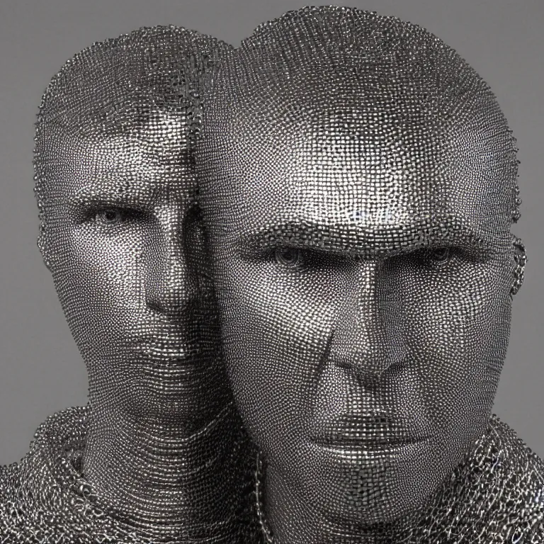 Prompt: studio photograph of accurate portrait sculpture of tom cruise, beautiful symmetrical!! face accurate face detailed face realistic proportions, made of chain mail and plate armor on a pedestal by ron mueck and frank frazzetta, cinematic lighting shocking detail 8 k