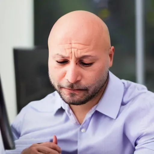 Image similar to crying sad hairless bald man crying at his computer with twitter open in the background, professional photo