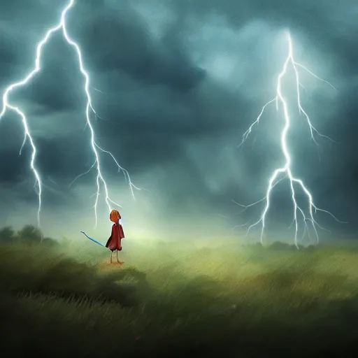 Image similar to young girl playing flute, birch forest clearing, storm at night, lightning dragons attack, low angle facing sky, cinematic, dramatic lighting, big storm clouds, high contrast, artstation, fine art, greg rutowski, ghibli, hosada