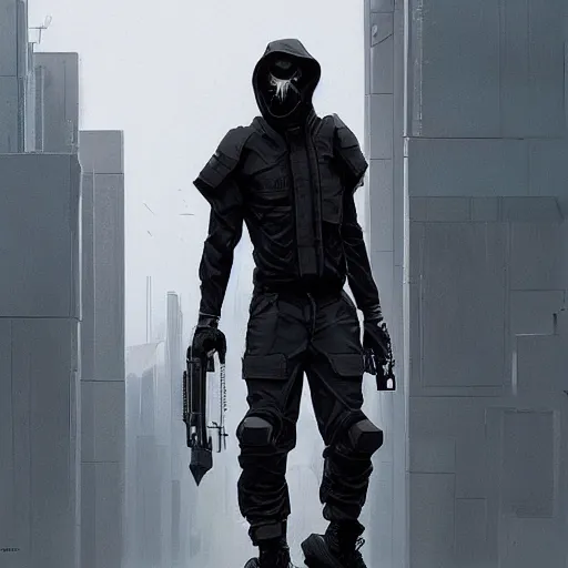 Image similar to A broad shouldered, muscular man in a Acronym Riot Division techwear outfit, Acronym P31-ds pants, trending on r/techwearclothing, high quality, digital art, dire cyberpunk city, gray sky, greg rutkowski