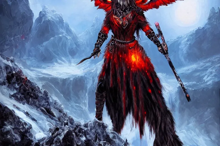 Prompt: raven warrior with burning red eyes stands atop an icy mountain, digital art, fantasy artwork, extremely detailed, trending on artstation, award - winning, art from the greatest fantasy artists,