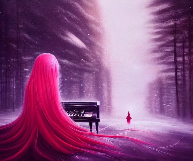 Image similar to a painting of a beautiful face gothic girl, pink hair in a stunning red wedding dress playing a piano in the dark snowy forestby yoshitaka amano and alena aenami, cg society contest winner, retrofuturism, matte painting, apocalypse landscape, cityscape