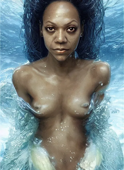 Image similar to dramatic upper body portrait of Zoe Saldana as a dark-skinned la sirene Haitian mermaid goddess by Ruan Jia and Mandy Jurgens and Artgerm and william-adolphe bouguerea, underwater, white sheer fabric, white lilies, shells, mirrors, marvel comics, intricate, highly detailed, smooth, artstation, digital illustration by julie bell and Ruan Jia and Mandy Jurgens and Artgerm and William Adolphe Bouguereau and John Collier and Greg Rutkowski and Frank Frazetta