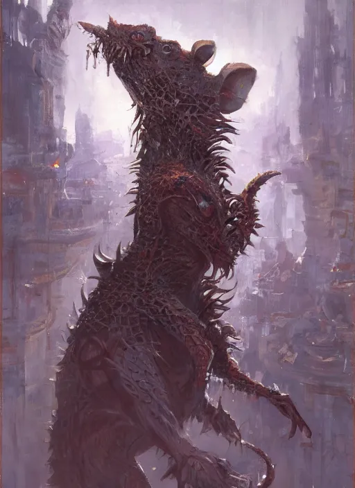 Prompt: Oil painting of a rat monster, portrait, D&D, Magic The Gathering, by Craig Mullins, Nekro, Victo Ngai, centered, symmetrical, 8k, sharp focus