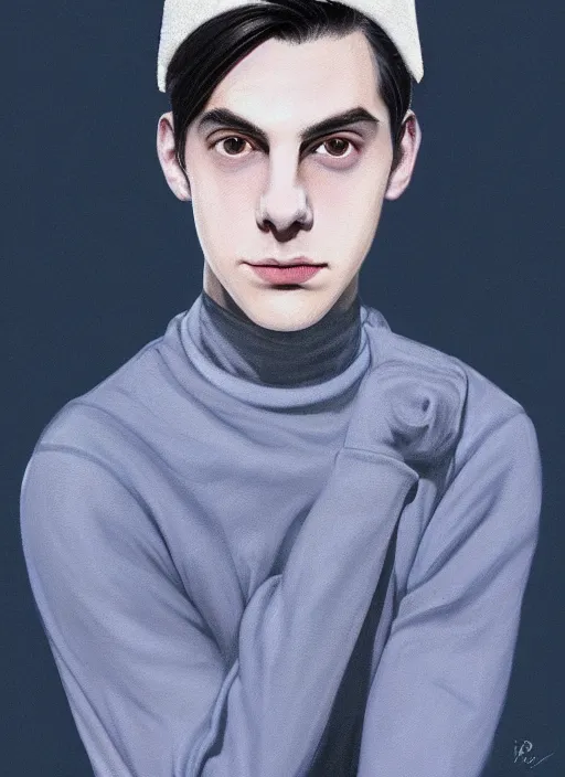 Image similar to portrait of teenage jughead jones wearing a light grey crown, crown, blue turtleneck, 1 9 5 0 s, closed eyes, photorealistic, black hair, glowing lighting, intricate, elegant, glowing lights, highly detailed, digital painting, artstation, concept art, smooth, sharp focus, illustration, art by wlop, mars ravelo and greg rutkowski