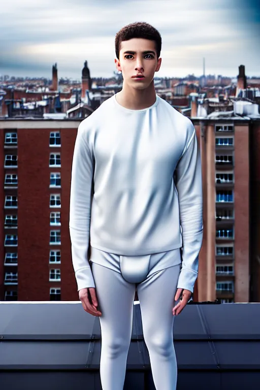 Image similar to un ultra high definition studio quality photographic art portrait of a young man standing on the rooftop of a british apartment building wearing soft padded silver pearlescent clothing. three point light. extremely detailed. golden ratio, ray tracing, volumetric light, shallow depth of field. set dressed.