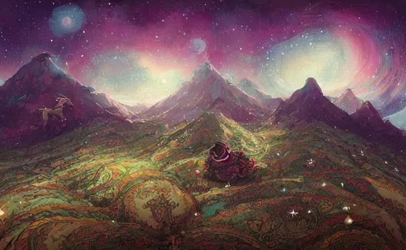 Image similar to mountains, stars and paisley filled sky, artstation, intricate, highly detailed, digital painting, concept art, sharp focus, illustration by Benjamin Lacombe and Yoshitaka Amano