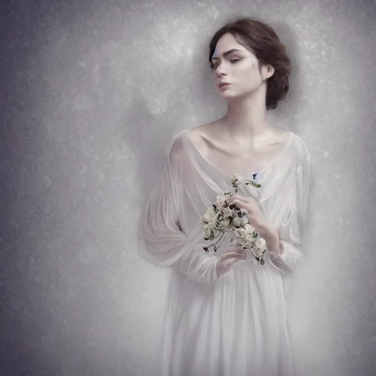 Prompt: hight focus of a wonderful realistic focused sweet wonderful symmetrical mid portrait of a lonely woman with a detailed wonderful, majestic, large semi transparent white cotton dress ornate with semi transparent cotton roses and semi transparent white veils, dramatic light, octane render, - 8 k