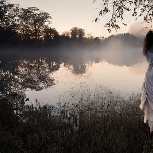 Image similar to a ghostly woman in a white dress rising soaking wet from a misty lake with outstretched arms, high resolution photograph, late autumn, sunset, eerie light