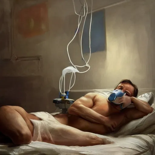 Prompt: a very hyperrealistic oil painting of ill Vladimir Putin as a patient wearing an oxygen mask lying in bed inhaling white clubs of smoke from Copium tank that stand near his bed, visible face, dimly lit cozy tavern, leather tunic, confident relaxed pose, d&d, stunning 3d render inspired art by Tim Okamura and Lise Deharme + perfect facial symmetry + dim volumetric lighting, 8k octane beautifully detailed render, post-processing, extremely hyperdetailed, intricate, epic composition, grim yet sparkling atmosphere, cinematic lighting + masterpiece, trending on artstation, very very detailed, masterpiece, stunning