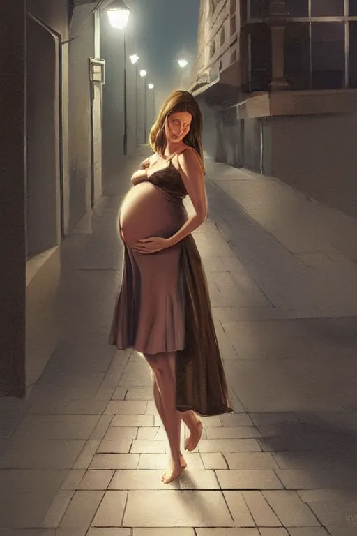 Prompt: pregnant woman under street light, highly detailed, sharp focused, ultra realistic digital concept art by Garth Laidlaw