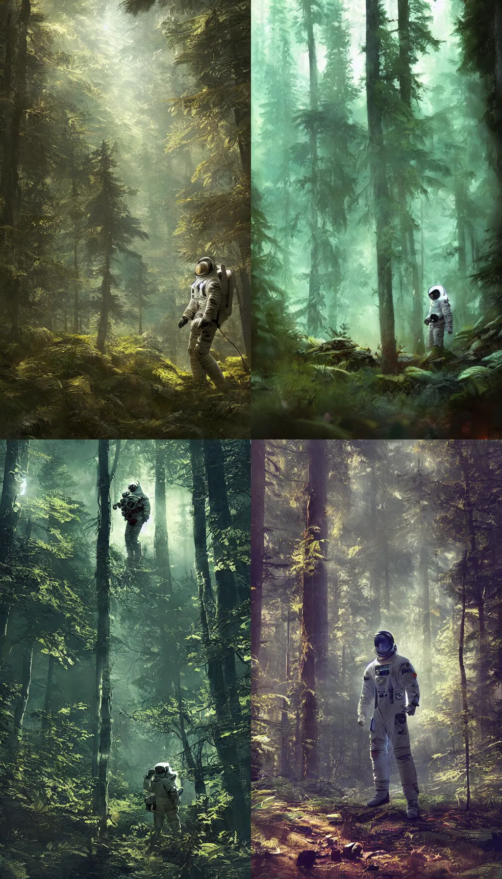 Image similar to american astronaut in the forest, plants environment, wide angle, cinematic lighting, atmospheric, realistic, octane render, highly detailed, in the style of craig mullins