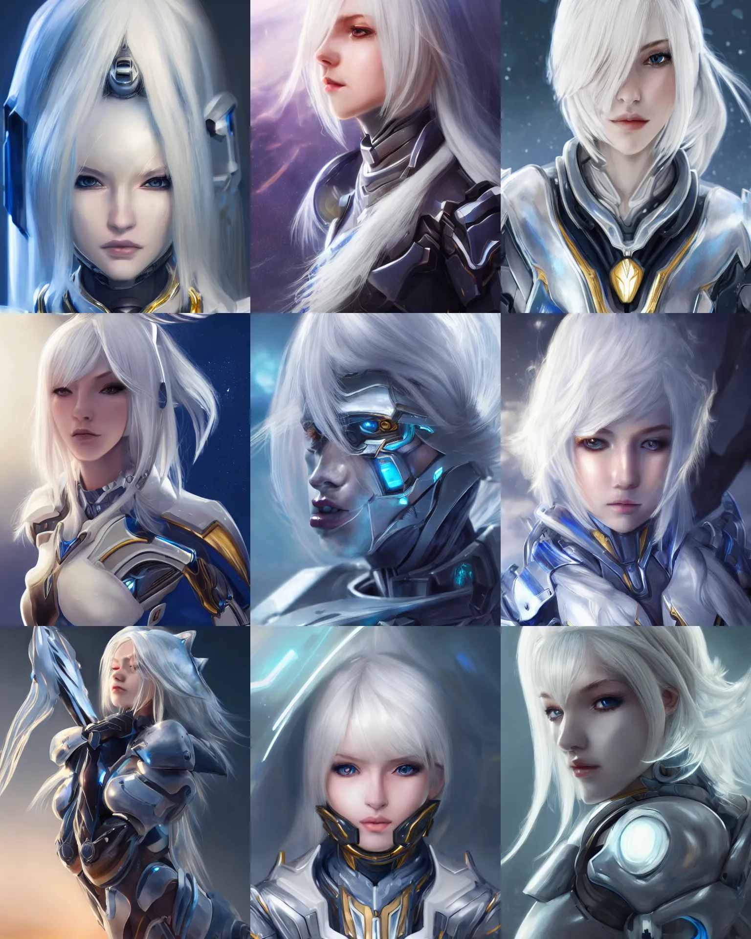 Prompt: detailed portrait of perfect white haired girl, android, warframe armor, beautiful, dreamy, pretty face, blue cyborg, eyes, scifi, 4 k, blue, gold, sun yunjoo, ultra realistic, sunset, aura of light, cinematic lighting, highly detailed, sharp focus, masterpiece, art by won kim