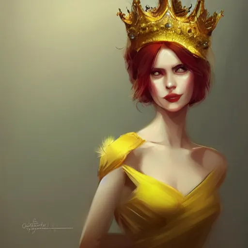 Image similar to an elegant yellow bird wearing a crown and a red bow tie in the style of Charlie Bowater, very very beautiful, high quality, detailed, 4k, digital art, artstation, smooth