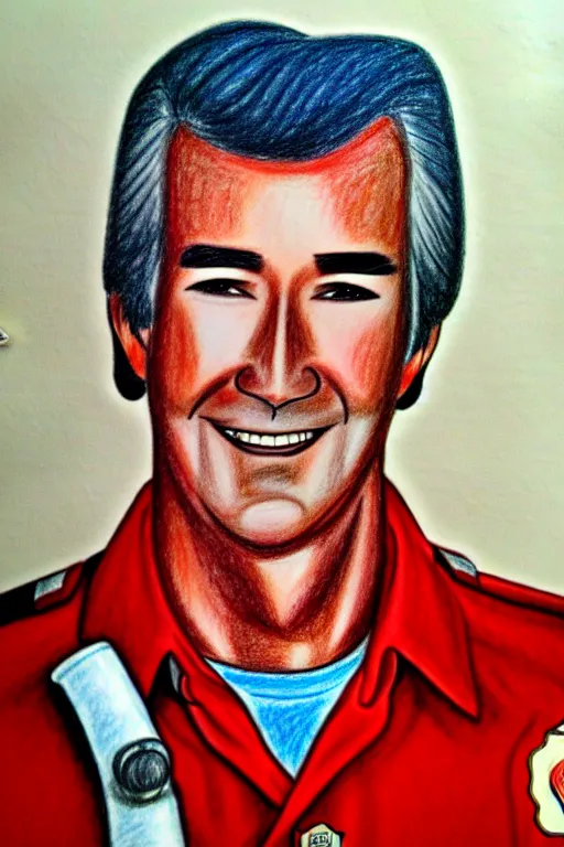 Image similar to a drawing of randy mantooth clean shaven, as a fire fighter by a child, bright colours, detailed