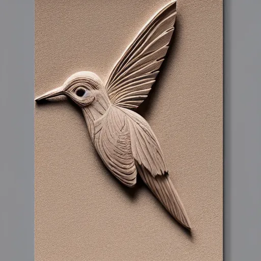 Prompt: intricate hummingbird carved from sandstone, photograph, studio lighting