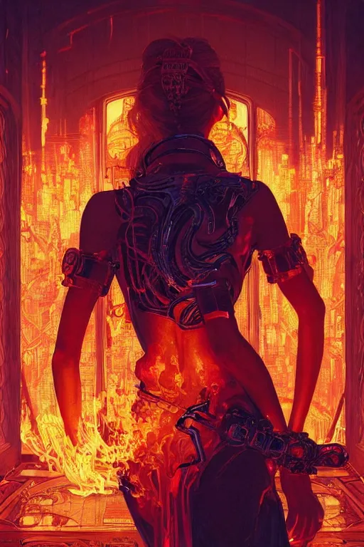 Prompt: in the foreground a blonde woman from behind with flames in her hands coming out of her hands in the background paris in cyberpunk, intricate, highly detailed, digital painting, artstation, concept art, matte, sharp focus, illustration, art by artgerm and greg rutkowski and alphonse mucha