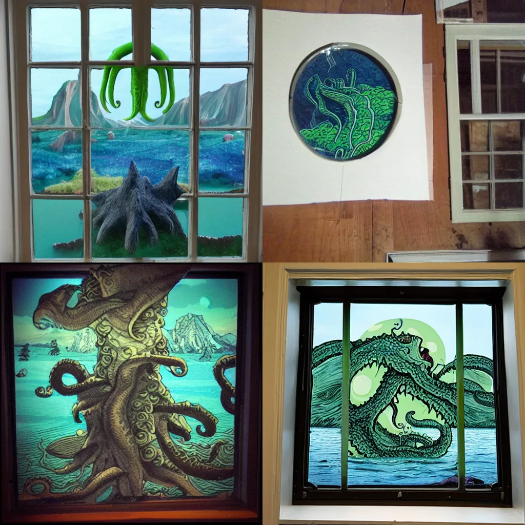 Prompt: A view of lake monster Cthulu rising from the little window in my studio.