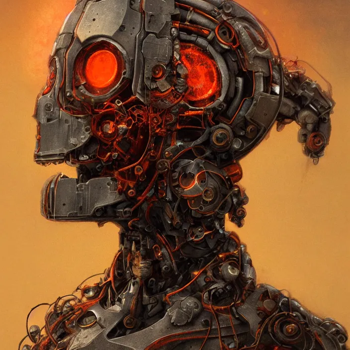 Prompt: portrait of an orange ultron from age of ultron, clockwork steampunk, dieselpunk, head and chest only, by beksinski, 4 k, deviantart, trending on artstation