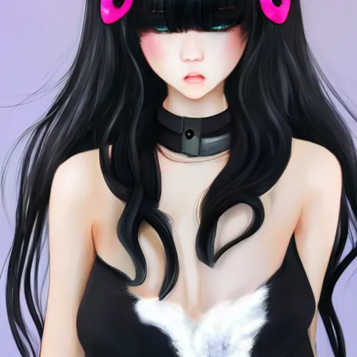 Image similar to realistic beautiful gorgeous natural cute Blackpink Lalisa Manoban black hair fur black cat ears, wearing white camisole summer outfit, headphones, black leather choker artwork drawn full HD 4K highest quality in artstyle by professional artists WLOP, Aztodio, Taejune Kim, Guweiz on Pixiv Instagram Artstation