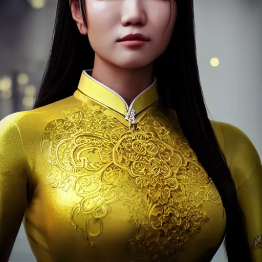 Image similar to muscular oiled woman wearing ao dai, ultra realistic, concept art, intricate details, highly detailed, photorealistic, octane render, 8 k, unreal engine.