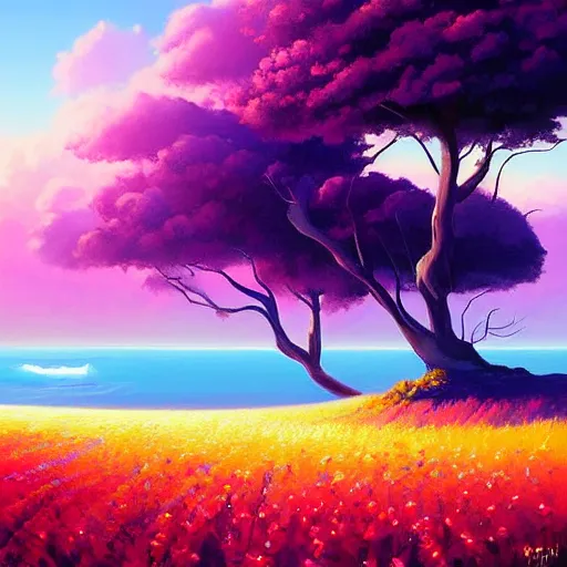 Image similar to digital art of a painting of a flower field with a view of the ocean, poster art by rhads, featured on pixiv, sharp details, neo - romanticism, anime aesthetic, 2 d game art, official art