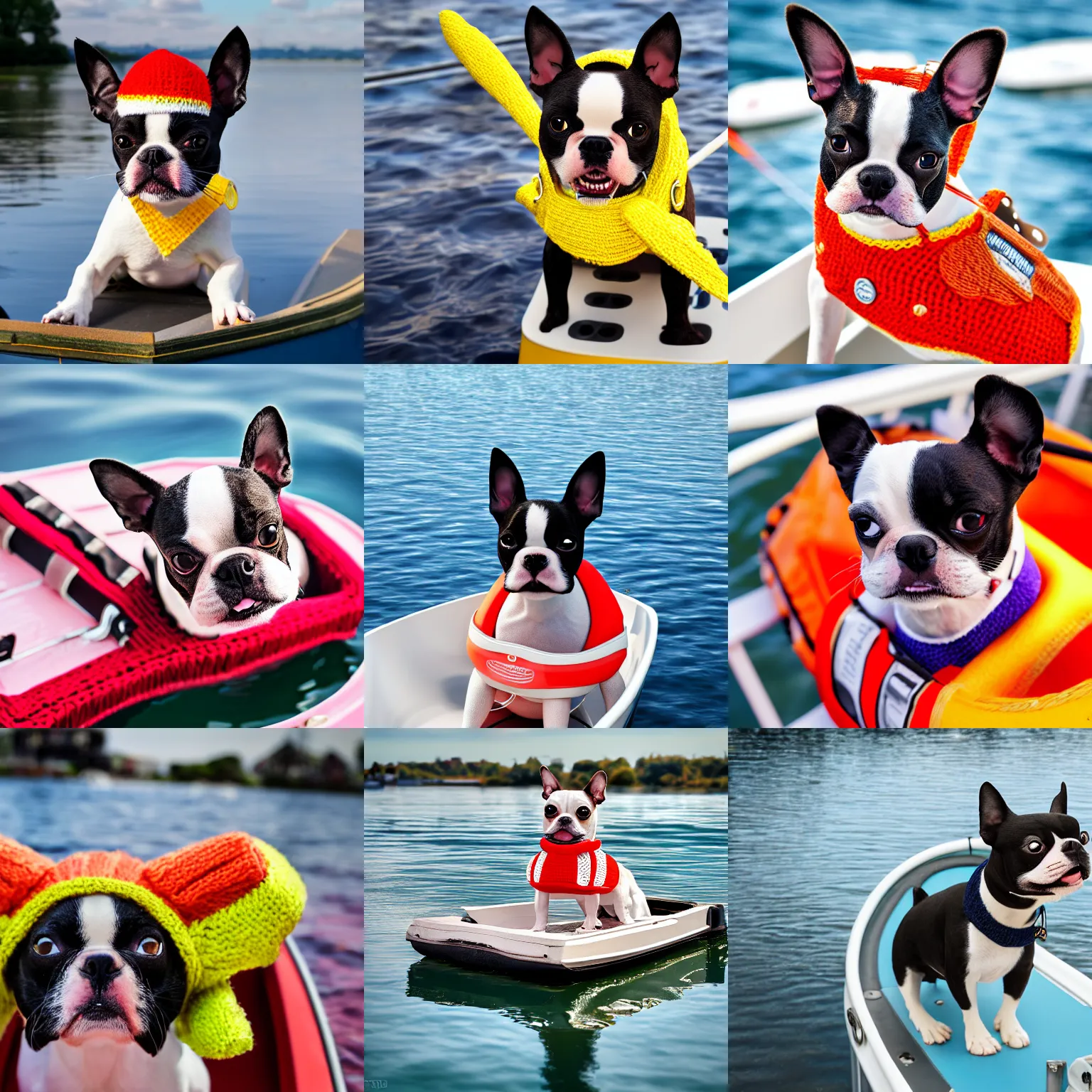 Prompt: a closeup photorealistic photograph of a cute smiling knitted boston terrier dog dressed in a life vest on a pontoon boat. professional capture, sunny shot. this 4 k hd image is trending on artstation, featured on behance, well - rendered, extra crisp, features intricate detail, epic composition and the style of unreal engine.