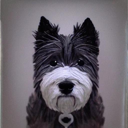 Image similar to west highland terrier, polaroid by Tarkowski, very realistic, highly detailed