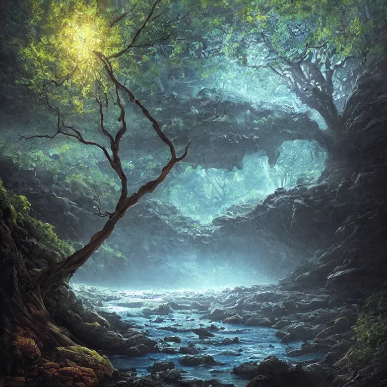 Image similar to A beautiful, highly detailed, very realistic oil painting of a single tree with rainbow leaves, next to a small river, glowing bright blue in the middle of a huge, very dark cave, with lots of dark grey rocks, oil painting by Greg Rutkowski.