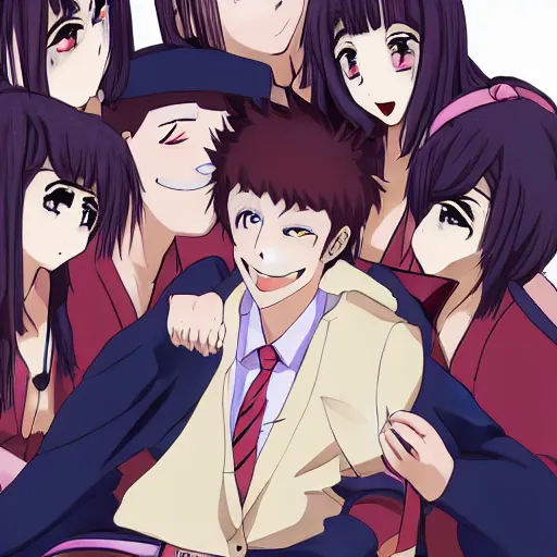 Prompt: anime boy with a harem