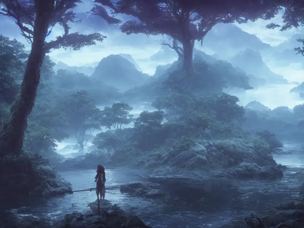 Image similar to elemental monster hunting of foggy river. vaporwave, unreal engine, greg rutkowski, makoto shinkai and lois van baarle, ilya kuvshinov, global illumination, detailed and intricate environment. hyperrealistic, volumetric lighting. epic cinematic shot, perfectly defined features, ambient occlusion