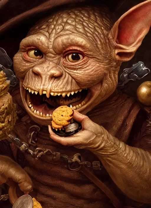 Prompt: highly detailed closeup portrait of a medieval goblin eating cookies, unreal engine, hyung tae, frank frazetta, nicoletta ceccoli, mark ryden, lostfish, earl norem, global illumination, god rays, detailed and intricate environment