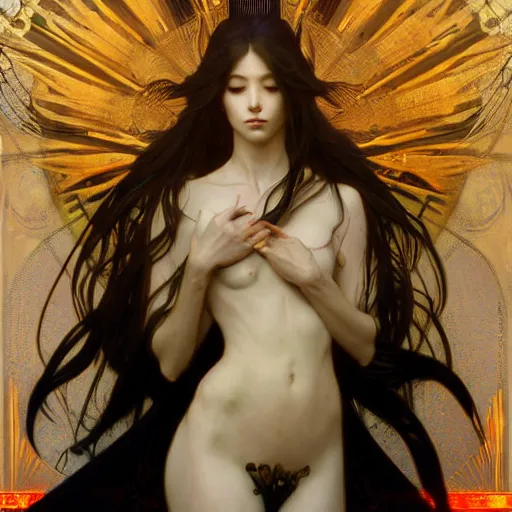 Image similar to A portrait of A beautiful!!!! angel in black flames by Ross Tran!! and alphonse mucha and greg rutkowski! and gustav doré!! and ruan jia!,In style of digital art illustration.Symmetry.Highly detailed face.Fantasy,smooth,hyper detailed,sharp focus,Soft light.trending on artstation.4k