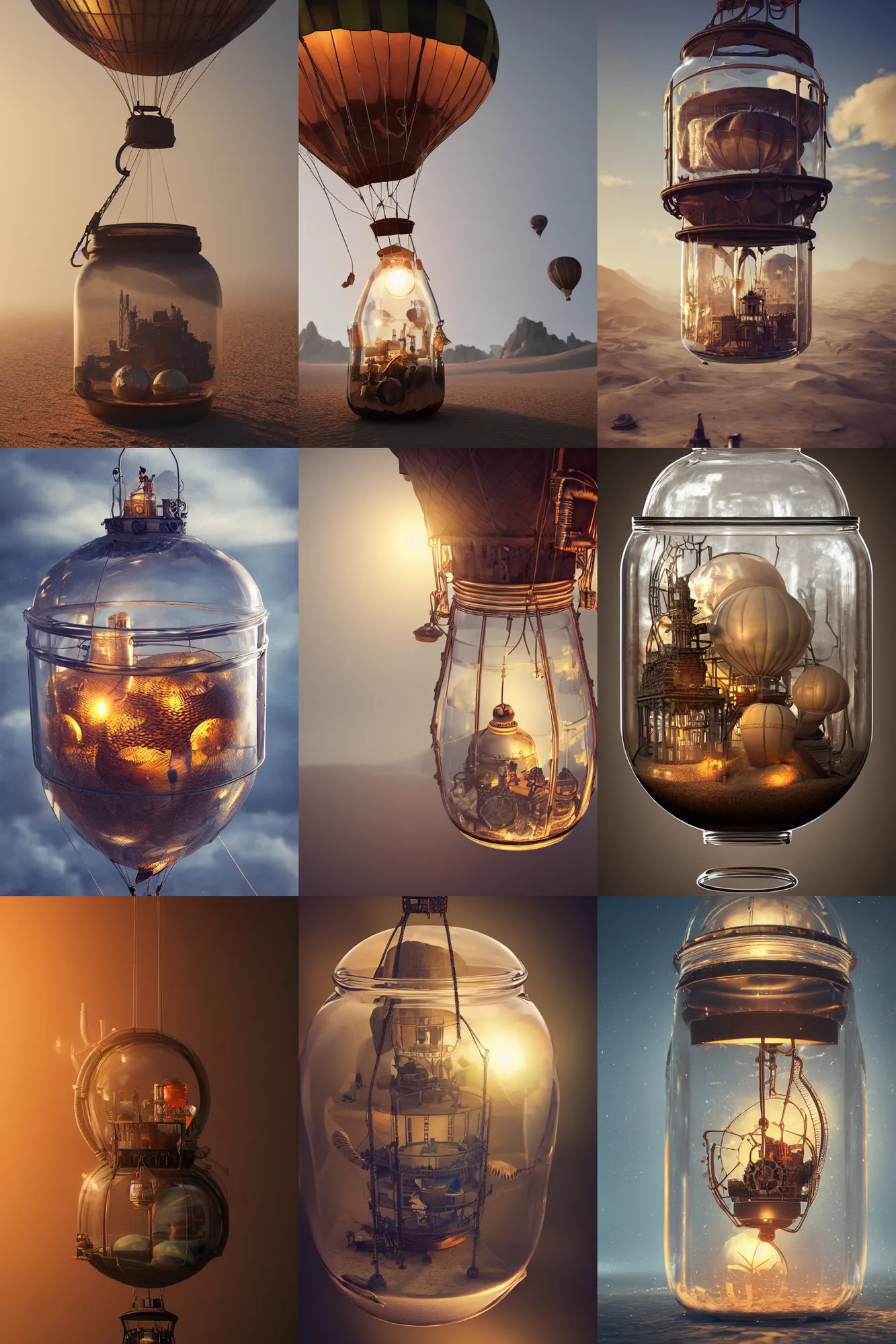 Prompt: hot air balloon inside a glass jar buried in sand, steampunk, intricate detail, volumetric lighting, epic composition, hyper detailed, ultra realistic, sharp focus, octane render, volumetric, ray tracing, artstation trending, cgsociety, sense of awe, swirling mist, 4 k