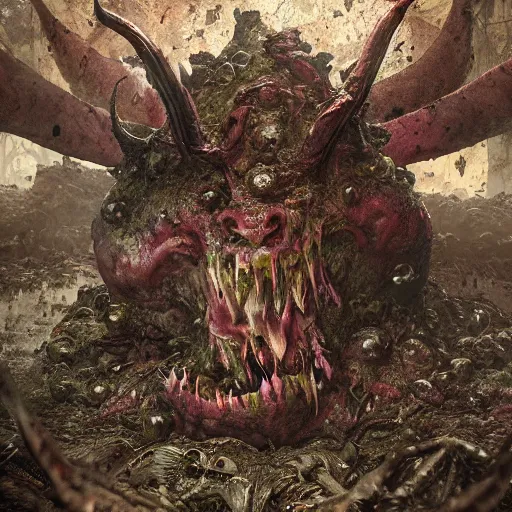 Prompt: a disgusting demon of nurgle making the ground rot around it, au naturel, hyper detailed, digital art, trending in artstation, cinematic lighting, studio quality, smooth render, unreal engine 5 rendered, octane rendered, art style by klimt and nixeu and ian sprigger and wlop and krenz cushart