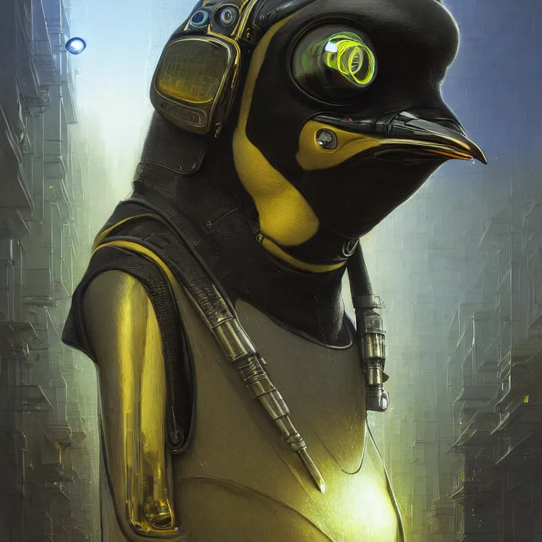 Image similar to A solarpunk very highly detailed Anthropomorphic cybertronic penguin wearing sport suit with very highly detailed face on the street of a very highly detailed solarpunk city digital rational painting art by Greg Rutkowski, sci-fi highly detailed, digital concept art, Volumetric natural light, sharp focus, Golden Ratio illustration, realistic concept art by Stephen Hickman and James Gurney and Hiromasa Ogura Ghost in the Shell rendered in VRAY, From the distance