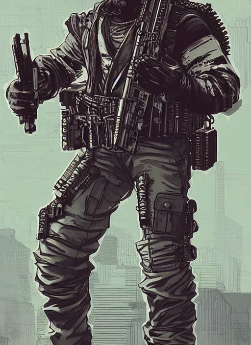 Image similar to Dangerous Tojo. buff Samoan cyberpunk mercenary wearing a cyberpunk tactical headset and military vest. AR-15. square face. Realistic Proportions. Concept art by James Gurney and Laurie Greasley. Moody Industrial skyline. ArtstationHQ. Creative character design for cyberpunk 2077.