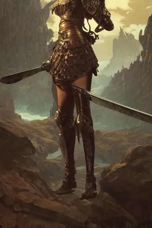 Prompt: a beautiful render of female warrior, gothic background, leather armor, wielding a sword, a beautiful face, perfectly shaded, atmospheric lighting, style of makoto shinkai, raphael lacoste, louis comfort tiffany, artgerm, karol bak, james jean, alphonse maria mucha