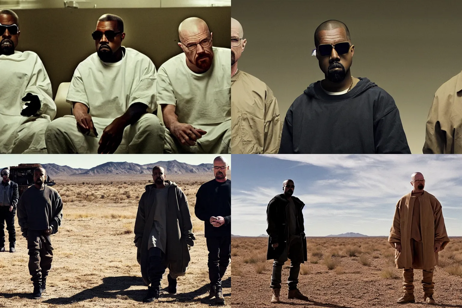 Prompt: Kanye West and Walter White in epic season finale of Breaking Bad, film footage