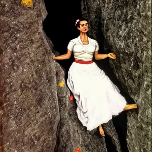 Image similar to Ultra realistic close-up of Frida Kahlo in a wedding dress rock climbing a steep wall, hd