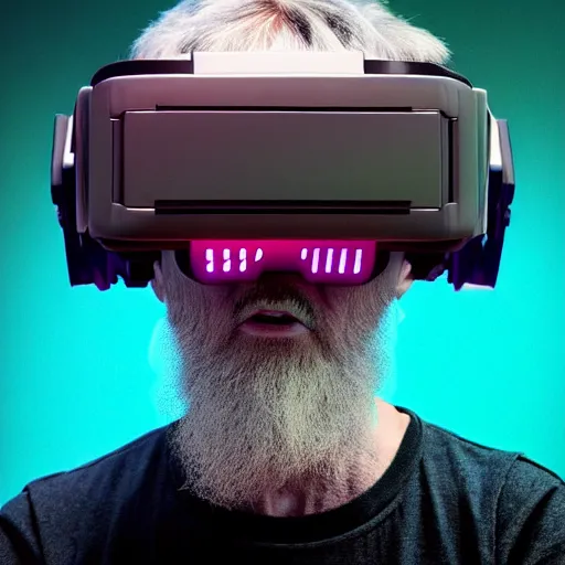 Prompt: Colour Photography of 1000 years old man with highly detailed 1000 years old face wearing higly detailed cyberpunk VR Headset designed by Josan Gonzalez Many details. Man playing Minecraft in VR . In style of Josan Gonzalez and Mike Winkelmann andgreg rutkowski and alphonse muchaand Caspar David Friedrich and Stephen Hickman and James Gurney and Hiromasa Ogura. Rendered in Blender