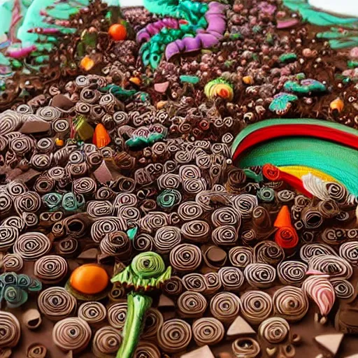 Prompt: paper quilling, art in the style of Moebius and Mohrbacher, a village created out of candy with a river of chocolate, intricately detailed