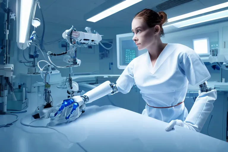 Image similar to promotional image from a sci - fi movie, a cyborg girl dressed in white on an operation table in a lab, soft blue light, robot surgeon, medical equipment, 8 k, very detailed face, movie still frame, promotional image, imax 7 0 mm footage