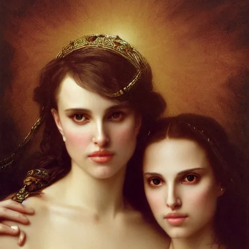 Prompt: portrait of beautiful natalie portman and scarlet johansson by tom bagshaw, jean delville, william bouguereau, frederic leighton