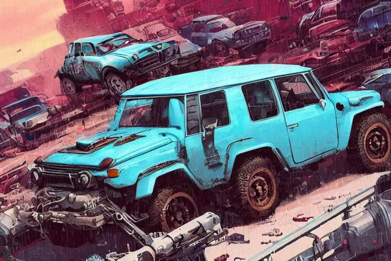 Image similar to digital illustration of a futuristic faded cyan mad max's fj 4 0 decrepit!!!! pursuit special, rusty!!! cyberpunk nissan fj cruiser heavily modded 1 9 9 0 s, the last v 8 interceptor by makoto shinkai, ilya kuvshinov, lois van baarle, rossdraws, basquiat