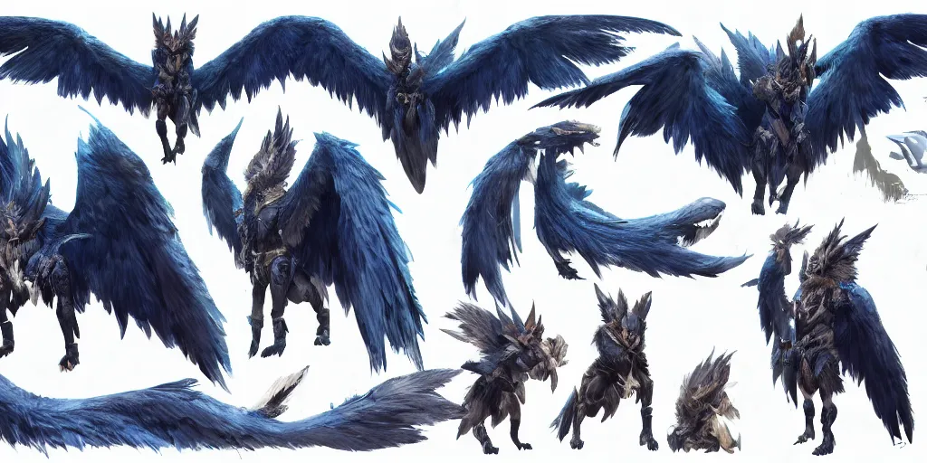 Image similar to Azure feathered winged wolf character design sheet, Monster Hunter Illustrations art book, big claws, huge wings, long tail, Moebius, Greg Rutkowski, Zabrocki, Karlkka, Jayison Devadas, Phuoc Quan, trending on Artstation, 8K, ultra wide angle, zenith view, pincushion lens effect.