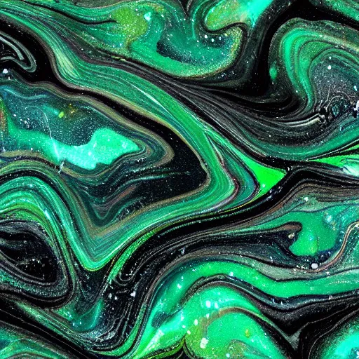 Prompt: beautiful liquid marble texture with oil bubbles and twirls. harmonic black and green tones coloured galaxy abstraction. ultradetailed realistic art