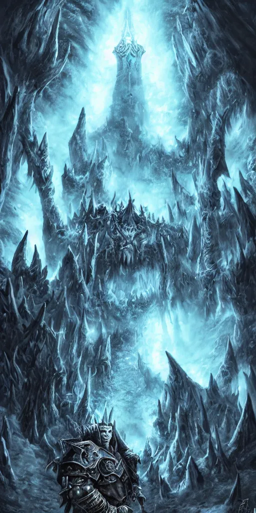 Image similar to vast ice dungeon, arthas the lich king, undead army, warcraft, warcraft artwork, mixed art, cinematic light, majestic, hyperrealistic, hyper detailed, dark fantasy, gritty