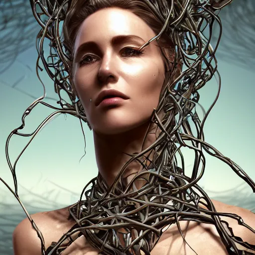 Prompt: a highly detailed digital image of a shattering futuristic woman elegantly tangled in vines, by Andrew Chiampo, artstation, and Frederik Heyman, extremely detailed woman, stunning volumetric lighting, hyper realism, fantasy 4k,